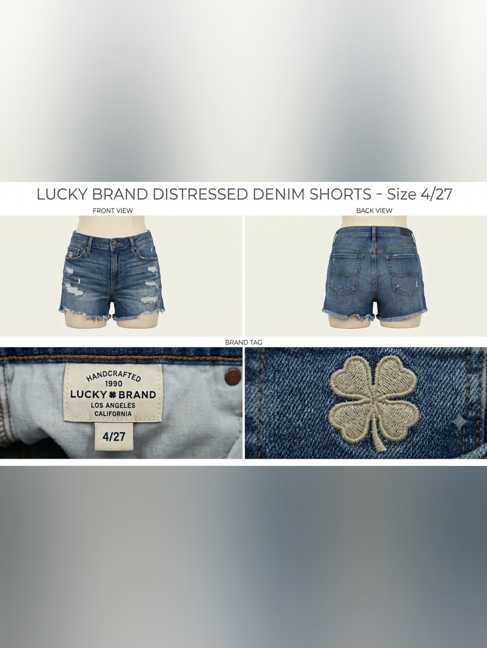 Lucky Brand Blue Distressed Denim Shorts with Clover Embroidery
